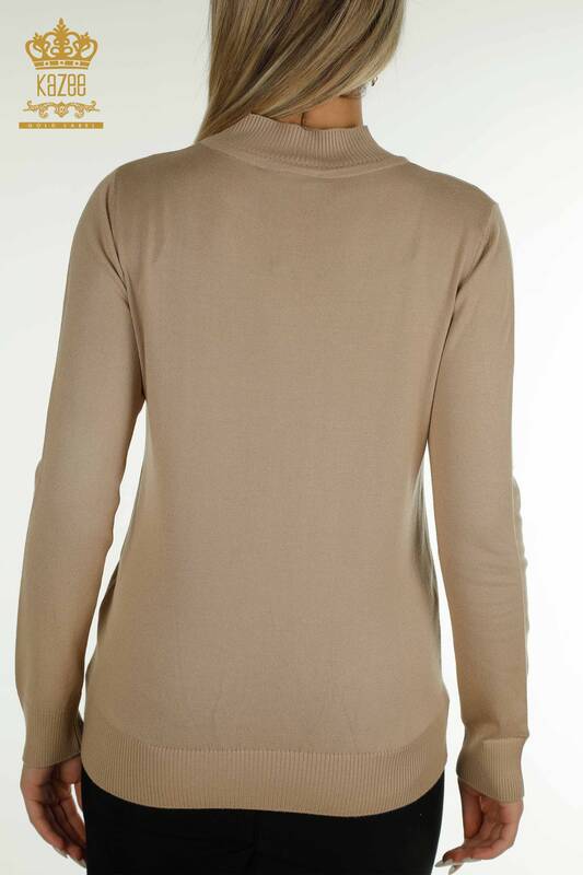 Wholesale Women's Knitwear Sweater High Collar Beige - 30454 | KAZEE