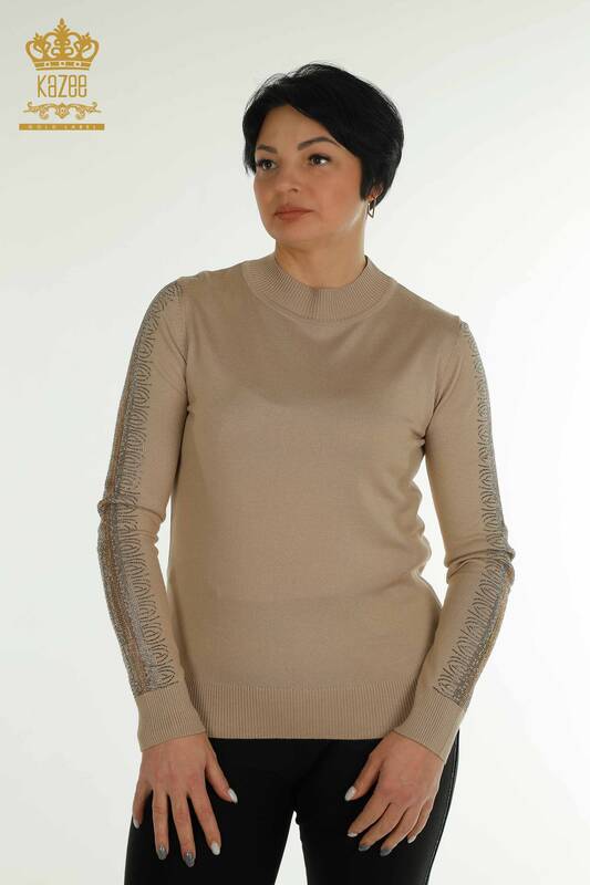 Wholesale Women's Knitwear Sweater High Collar Beige - 30564 | KAZEE