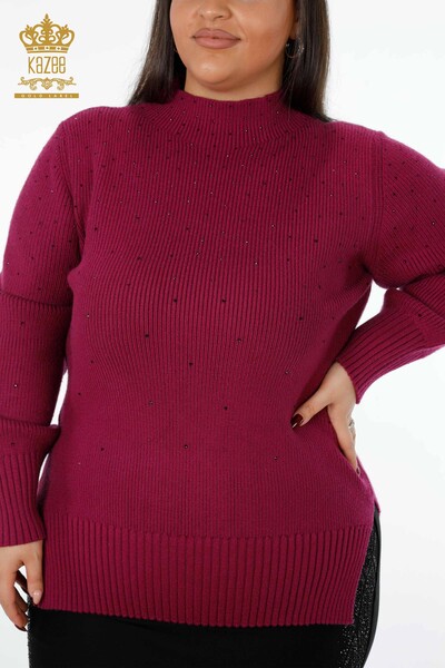 Wholesale Women's Knitwear Sweater Standing Collar Crystal Stone Embroidered - 16901 | KAZEE - Thumbnail