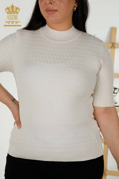 Wholesale Women's Knitwear Sweater - Standing Collar - Ecru - 30338 | KAZEE - Thumbnail