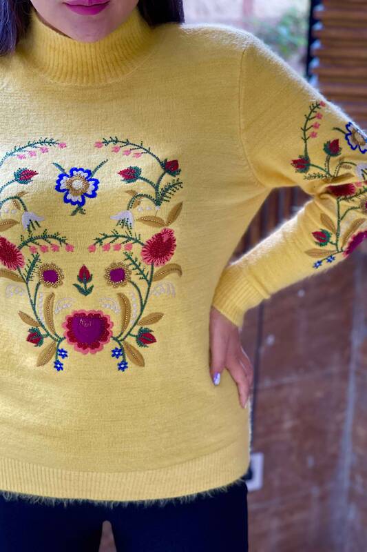 Wholesale Women's Knitwear Sweater Standing Collar Floral Angora - 18868 | KAZEE