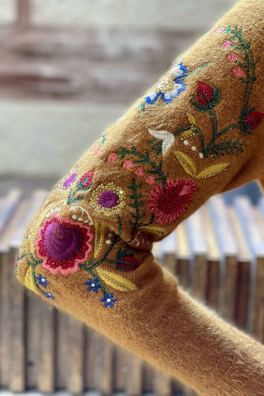 Wholesale Women's Knitwear Sweater Standing Collar Floral Angora - 18868 | KAZEE