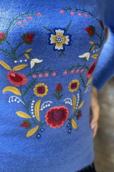 Wholesale Women's Knitwear Sweater Standing Collar Floral Angora - 18868 | KAZEE - Thumbnail