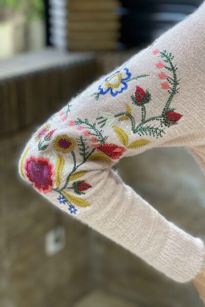 Wholesale Women's Knitwear Sweater Standing Collar Floral Angora - 18868 | KAZEE - Thumbnail
