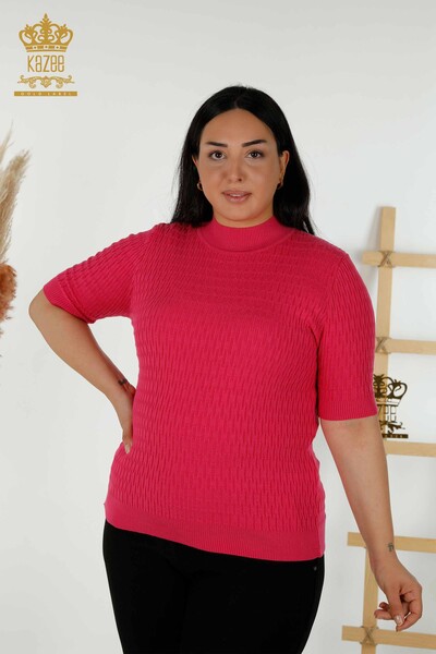 Wholesale Women's Knitwear Sweater - Standing Collar - Fuchsia - 30338 | KAZEE - Thumbnail