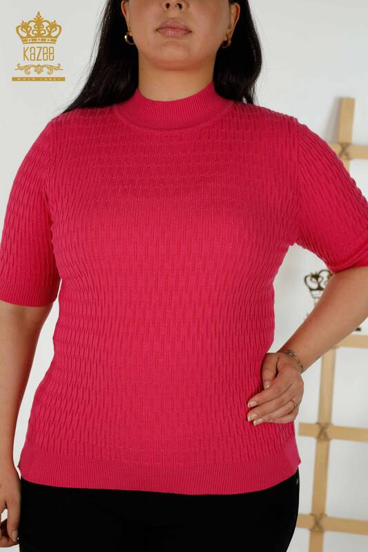 Wholesale Women's Knitwear Sweater - Standing Collar - Fuchsia - 30338 | KAZEE