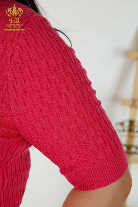 Wholesale Women's Knitwear Sweater - Standing Collar - Fuchsia - 30338 | KAZEE