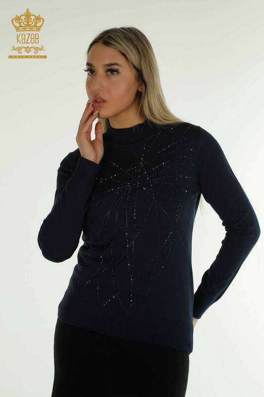 Wholesale Women's Knitwear Sweater High Collar Navy Blue - 30454 | KAZEE