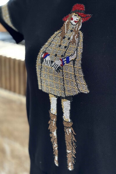 Wholesale Women's Knitwear Sweater Standing Collar Short Sleeve Embroidered - 16536 | KAZEE - Thumbnail