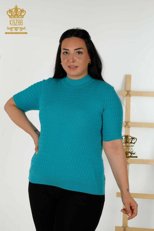 Wholesale Women's Knitwear Sweater - Standing Collar - Turquoise - 30338 | KAZEE