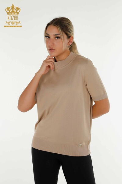 Wholesale Women's Knitwear Sweater High Collar Viscose Beige - 16168 | KAZEE 