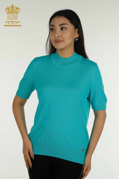 Wholesale Women's Knitwear Sweater High Collar Viscose Turquoise - 16168 | KAZEE - Thumbnail