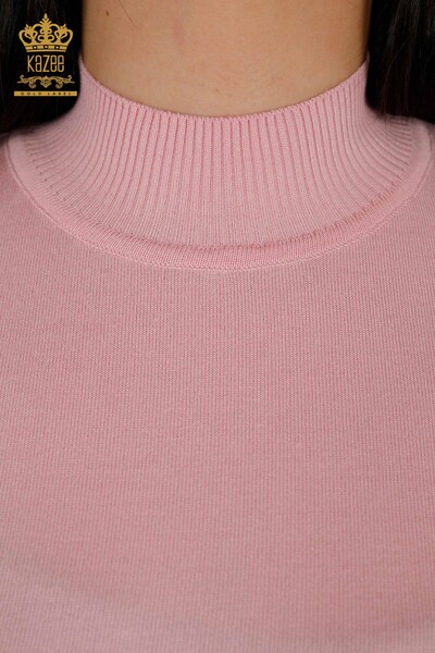 Wholesale Women's Knitwear Sweater Stand Collar Viscose Light Pink - 16168 | KAZEE - Thumbnail