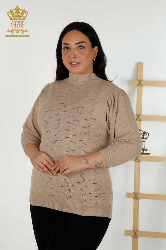 Wholesale Women's Knitwear Sweater Hole Detailed Beige - 30341 | KAZEE