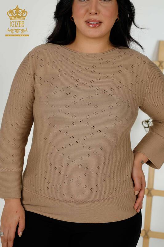 Wholesale Women's Knitwear Sweater Hole Detailed Dark Beige - 30083 | KAZEE