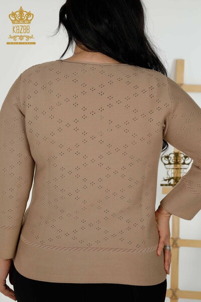 Wholesale Women's Knitwear Sweater Hole Detailed Dark Beige - 30083 | KAZEE - Thumbnail