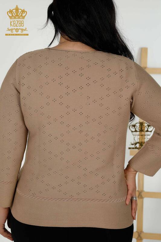 Wholesale Women's Knitwear Sweater Hole Detailed Dark Beige - 30083 | KAZEE