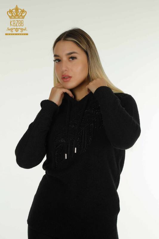 Wholesale Women's Knitwear Sweater Hooded Angora Black - 40008 | KAZEE