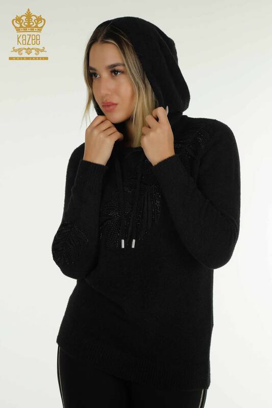Wholesale Women's Knitwear Sweater Hooded Angora Black - 40008 | KAZEE