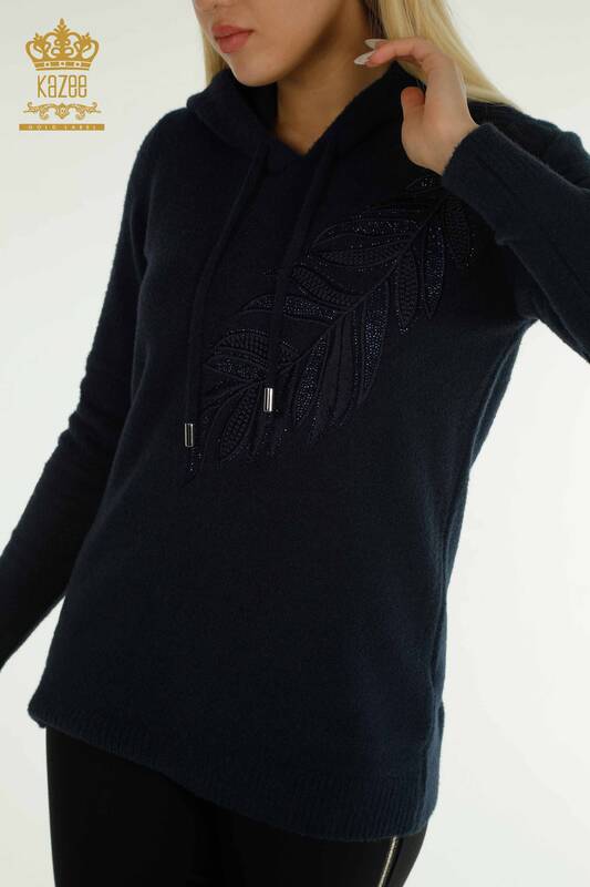 Wholesale Women's Knitwear Sweater Hooded Angora Navy Blue - 40008 | KAZEE