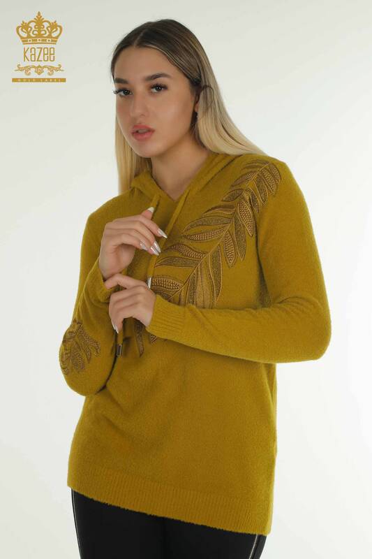 Wholesale Women's Knitwear Sweater Hooded Angora Mustard - 40008 | KAZEE