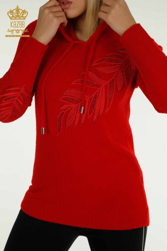 Wholesale Women's Knitwear Sweater Hooded Angora Red - 40008 | KAZEE