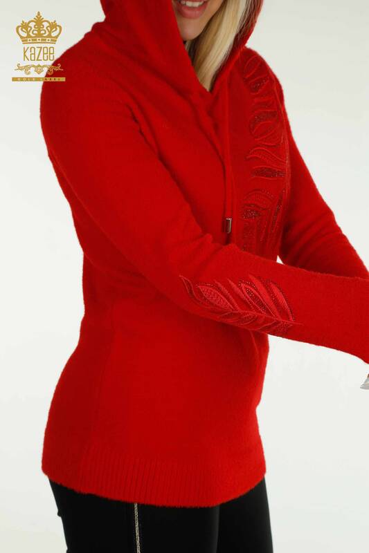 Wholesale Women's Knitwear Sweater Hooded Angora Red - 40008 | KAZEE