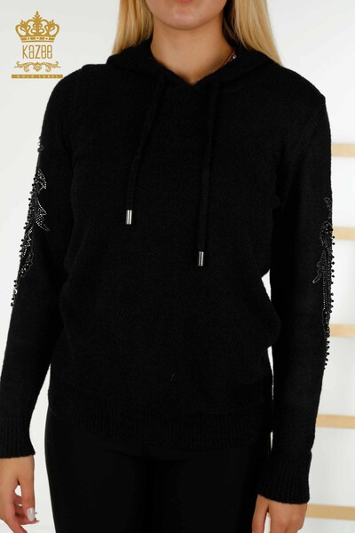 Wholesale Women's Knitwear Sweater Hooded Black - 40006 | KAZEE - 4