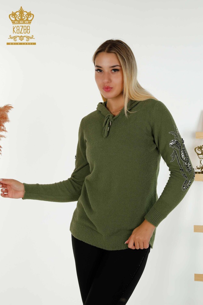 Wholesale Women's Knitwear Sweater Hooded Khaki - 40006 | KAZEE - 2