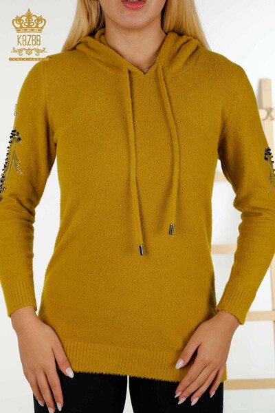 Wholesale Women's Knitwear Sweater Hooded Mustard - 40006 | KAZEE - 4
