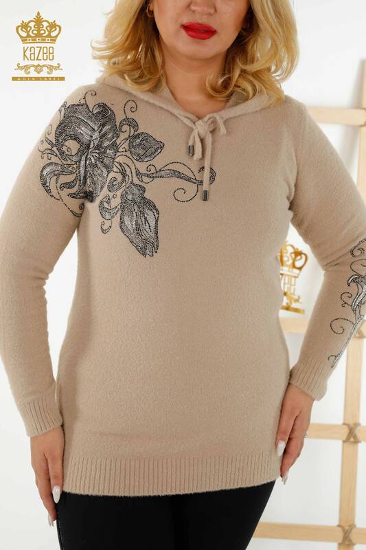 Wholesale Women's Knitwear Sweater Hooded Patterned - Beige - 40005 | KAZEE
