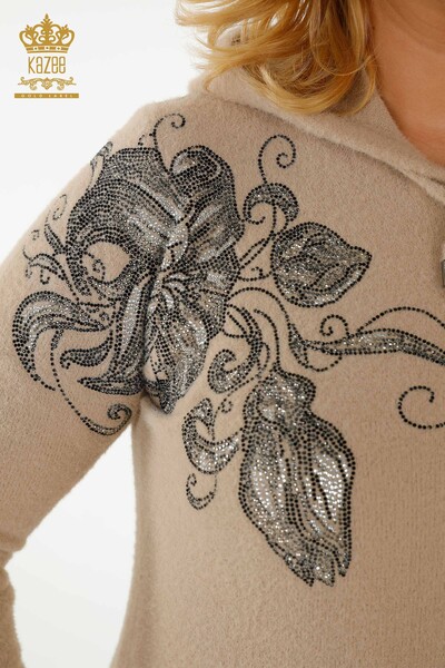 Wholesale Women's Knitwear Sweater Hooded Patterned - Beige - 40005 | KAZEE - Thumbnail