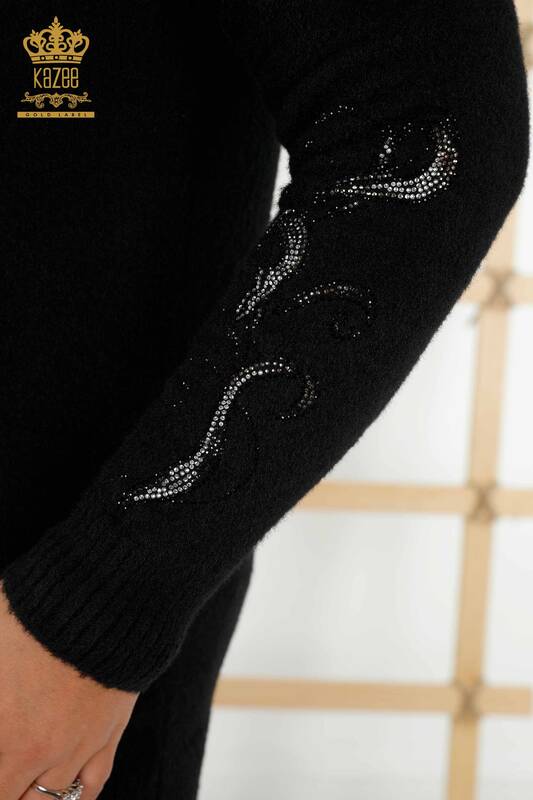 Wholesale Women's Knitwear Sweater - Hooded - Patterned - Black - 40005 | KAZEE