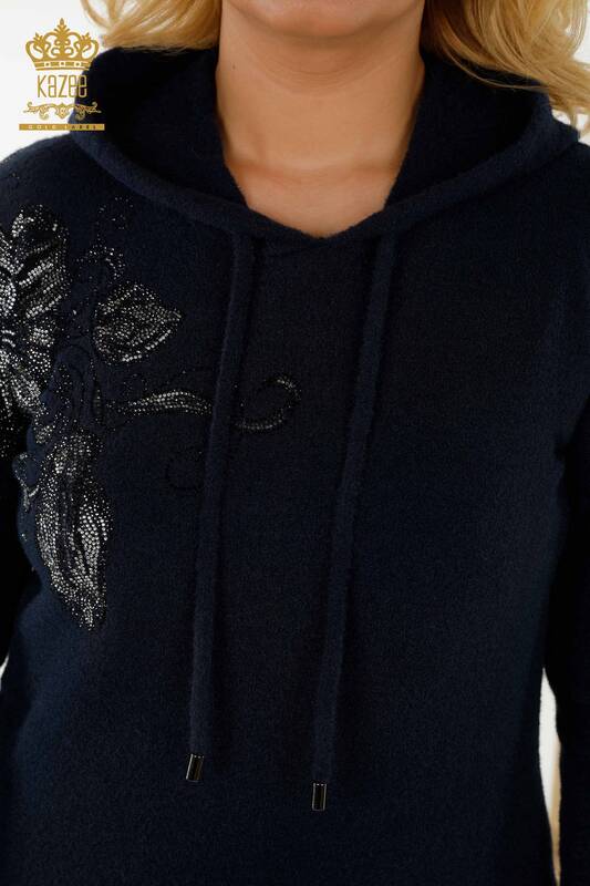 Wholesale Women's Sweater Hooded Patterned Navy Blue - 40005 | KAZEE