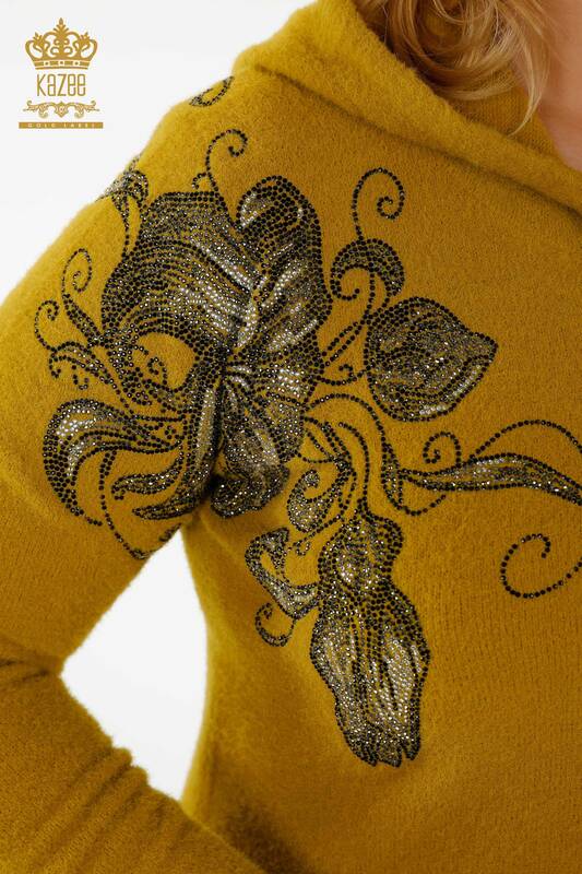 Wholesale Women's Sweater Hoodie Patterned Saffron - 40005 | KAZEE