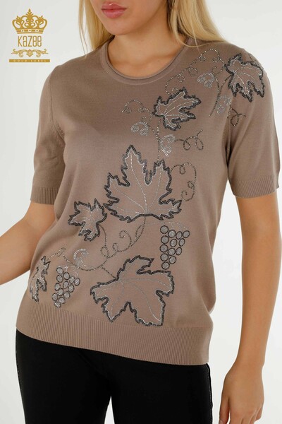 Wholesale Women's Knitwear Sweater Leaf Embroidered Mink - 30654 | KAZEE - Thumbnail