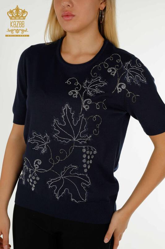Wholesale Women's Knitwear Sweater Leaf Embroidered Navy Blue - 30654 | KAZEE