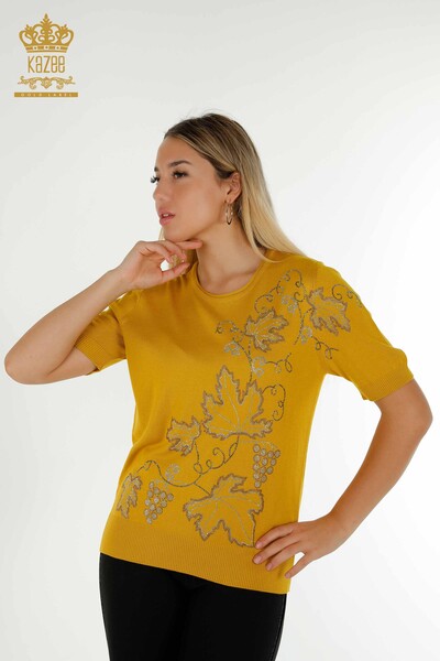 Wholesale Women's Knitwear Sweater Leaf Embroidered Saffron - 30654 | KAZEE - Thumbnail