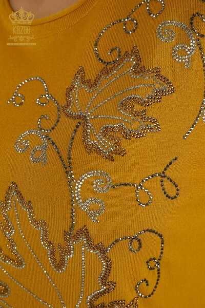 Wholesale Women's Knitwear Sweater Leaf Embroidered Saffron - 30654 | KAZEE - Thumbnail
