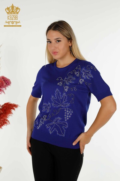 Wholesale Women's Knitwear Sweater Leaf Embroidered Saks - 30654 | KAZEE - Thumbnail