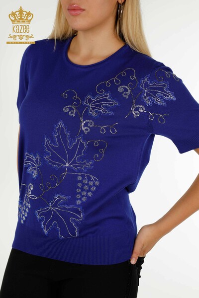 Wholesale Women's Knitwear Sweater Leaf Embroidered Saks - 30654 | KAZEE - Thumbnail