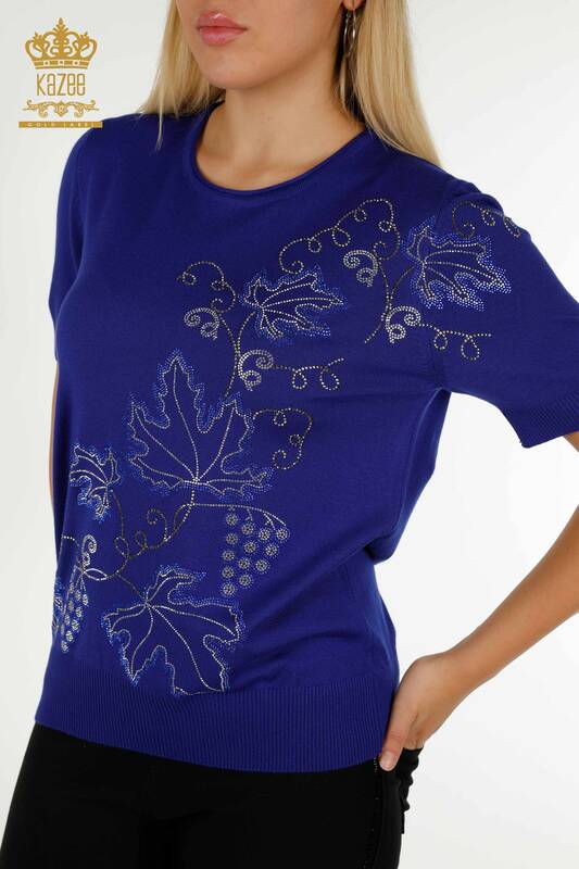 Wholesale Women's Knitwear Sweater Leaf Embroidered Saks - 30654 | KAZEE