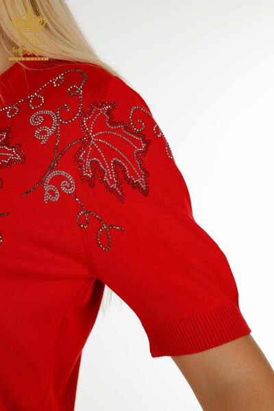 Wholesale Women's Knitwear Sweater Red with Leaf Embroidery - 30654 | KAZEE - Thumbnail