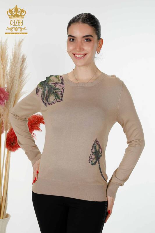 Wholesale Women's Knitwear Sweater Leaf Patterned Beige - 16939 | KAZEE