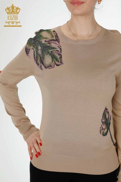Wholesale Women's Knitwear Sweater Leaf Patterned Beige - 16939 | KAZEE - Thumbnail