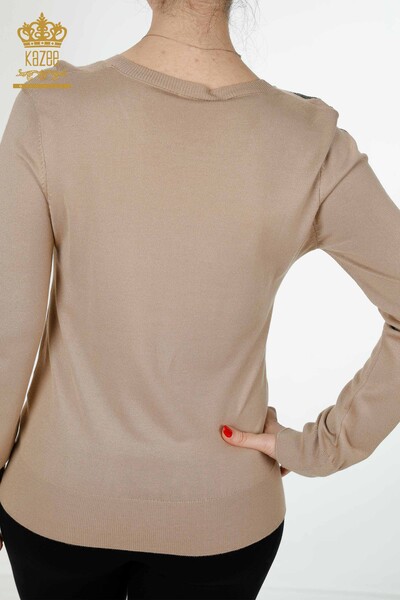 Wholesale Women's Knitwear Sweater Leaf Patterned Beige - 16939 | KAZEE - Thumbnail