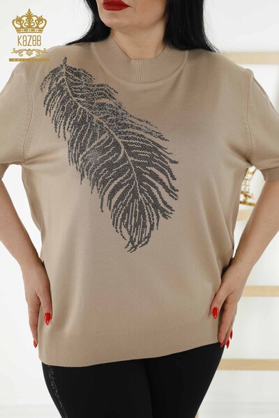 Wholesale Women's Knitwear - Leaf Patterned - Beige - 30017 | KAZEE - Thumbnail