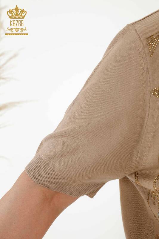 Wholesale Women's Knitwear Sweater - Leaf Patterned - Beige - 30240 | KAZEE
