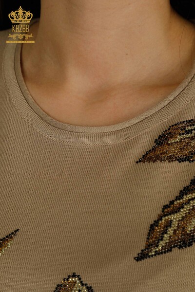 Wholesale Women's Knitwear Sweater Leaf Patterned Beige - 30477 | KAZEE - Thumbnail