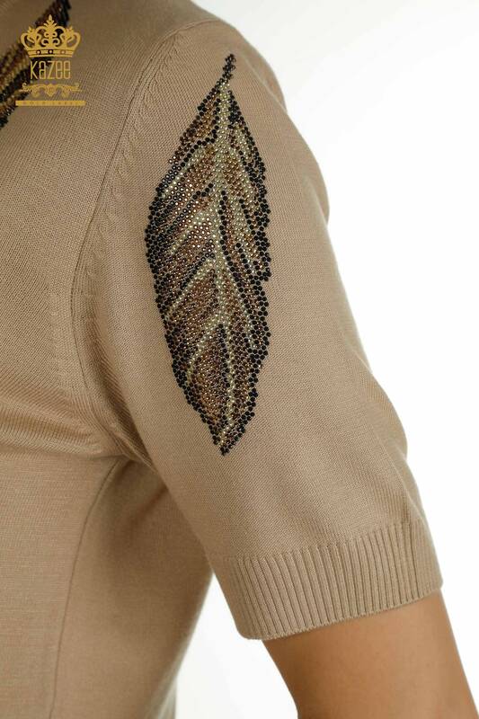 Wholesale Women's Knitwear Sweater Leaf Patterned Beige - 30477 | KAZEE